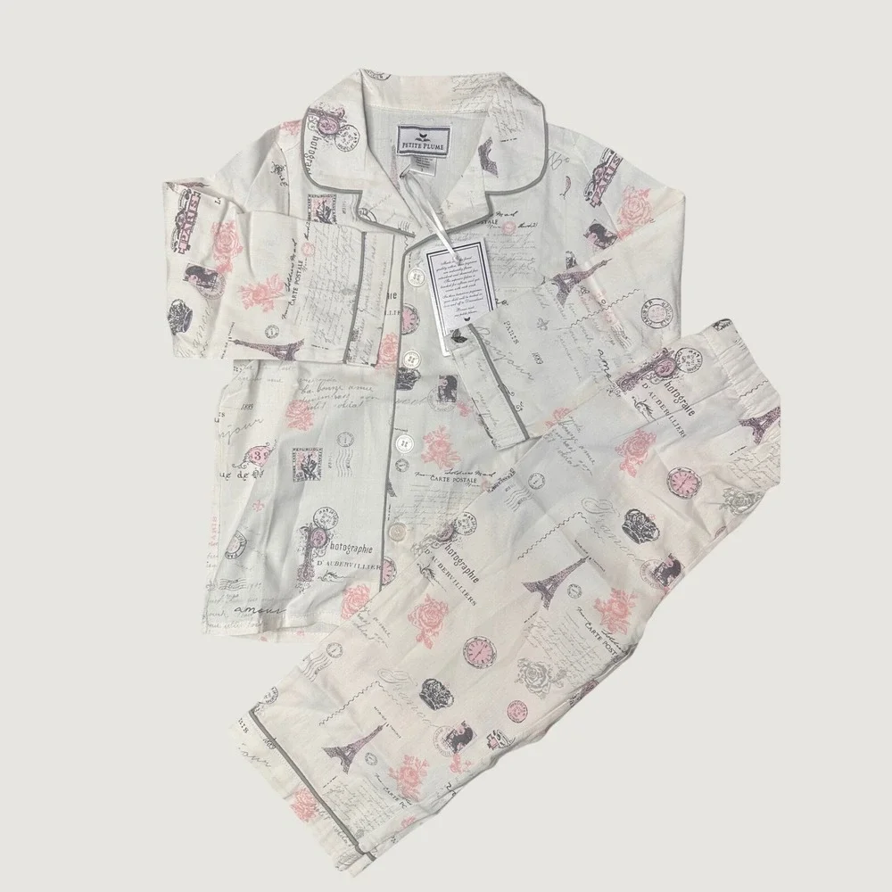 Petite Plume Girls Kids 3 Paris Musings Pajama Set Pink Grey Cotton Luxury NEW